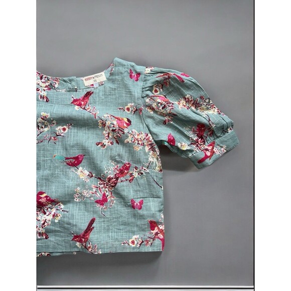 Bombay Paisley XS Linen Crop Top Bird Print Puff Sleeve Blouse Fairy Garden - Picture 4 of 16